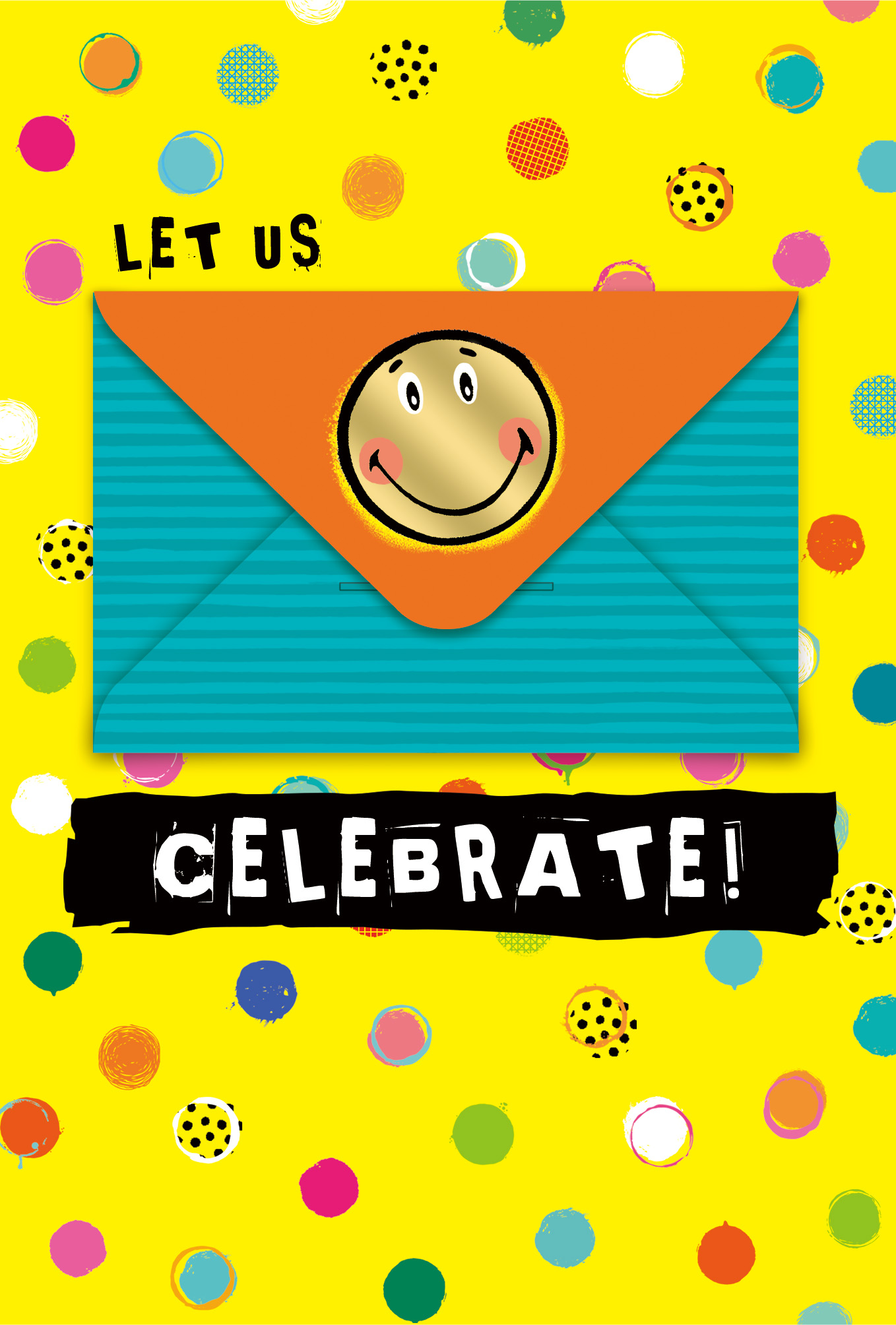 Yellow celebration greeting card with colorful dots and an attached turquoise striped envelope, orange flap and gold-tone smiley face