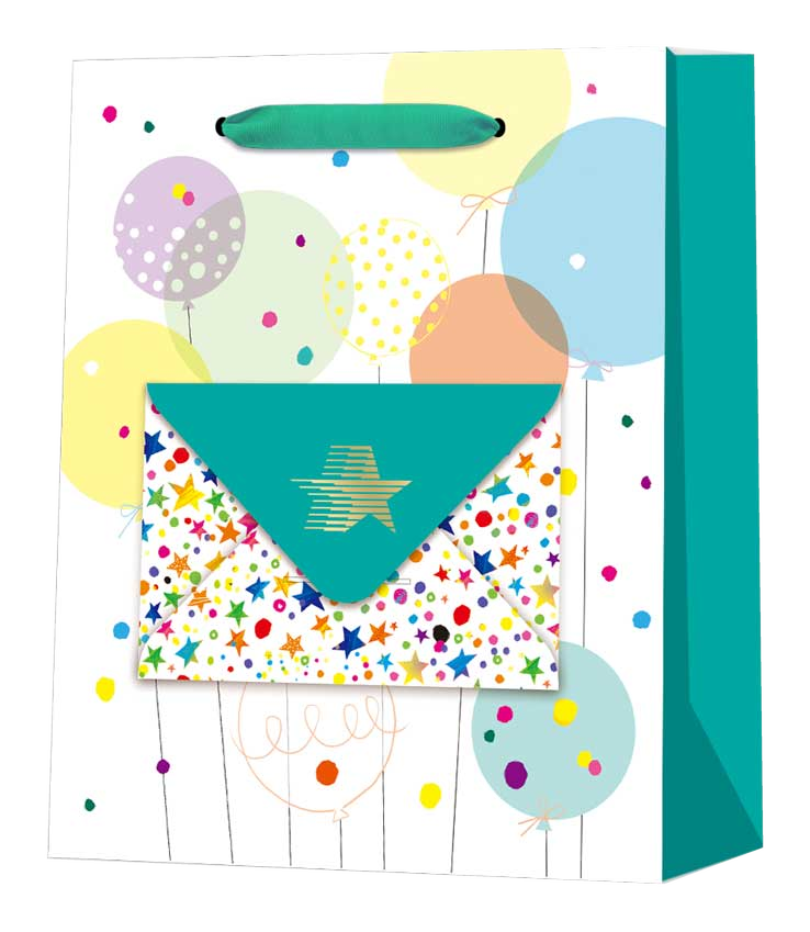 Bolsa de regalo de papel con globos y sobre real adherido