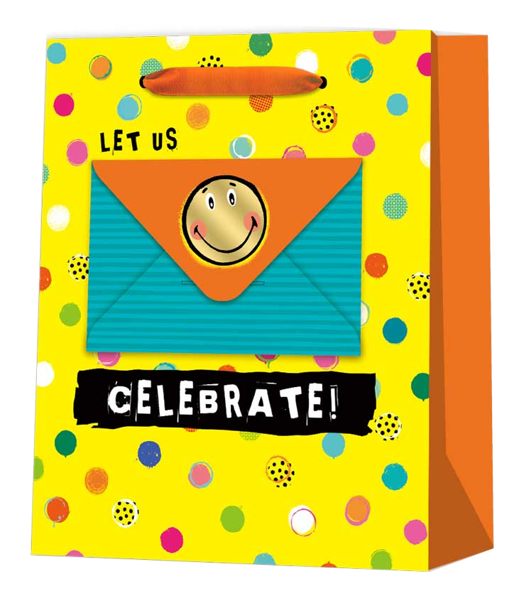 Bolsa de regalo amarilla para celebraciones con sobre real adherido