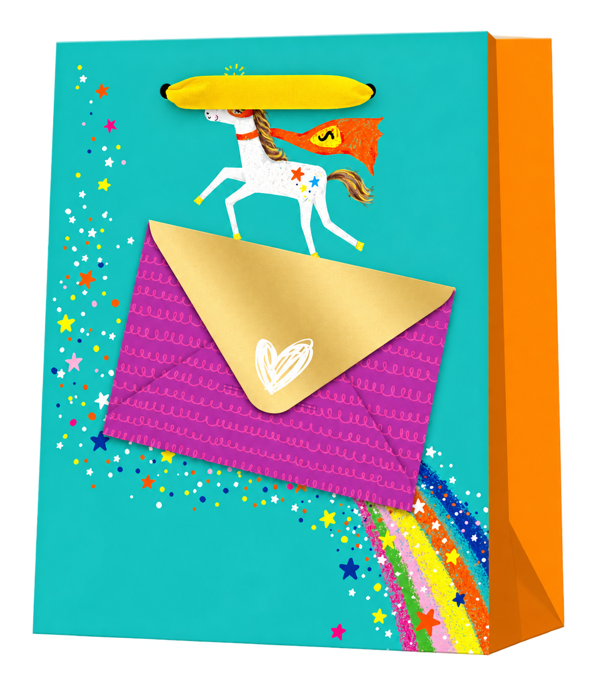 Bolsa de regalo turquesa con unicornio y sobre real adherido
