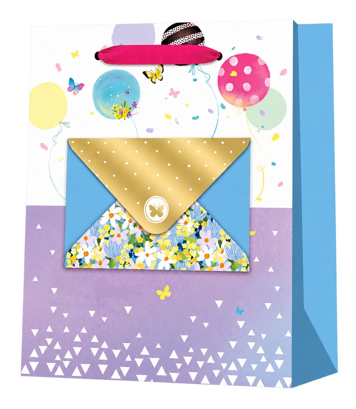 HT062-A paper gift bag with balloon and butterfly artwork, pink ribbon handles and a real floral envelope with a gold flap attached to the front