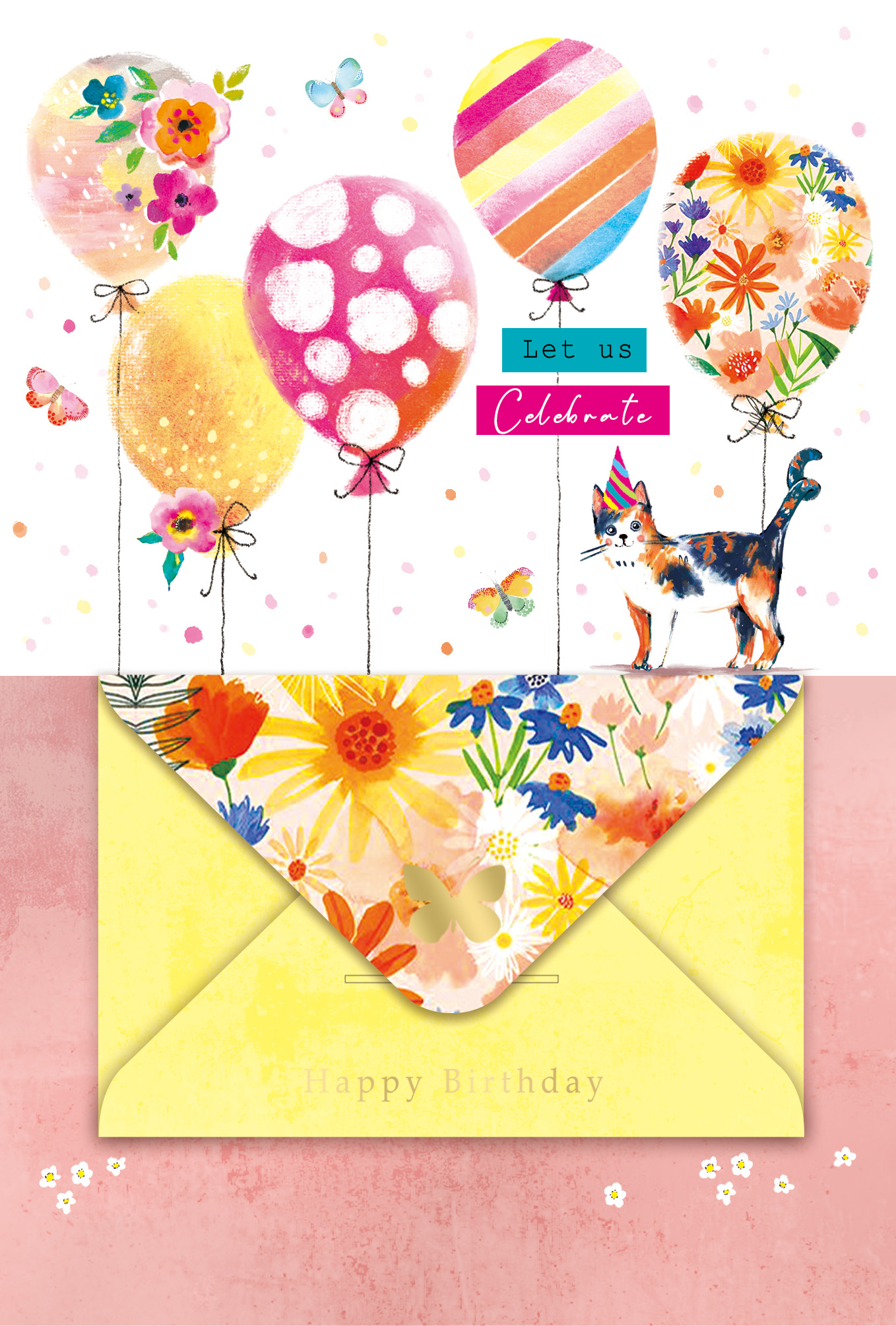 FL187-16 birthday greeting card with colorful balloons, a party cat and a real yellow envelope with a floral flap and gold-tone butterfly attached to the front