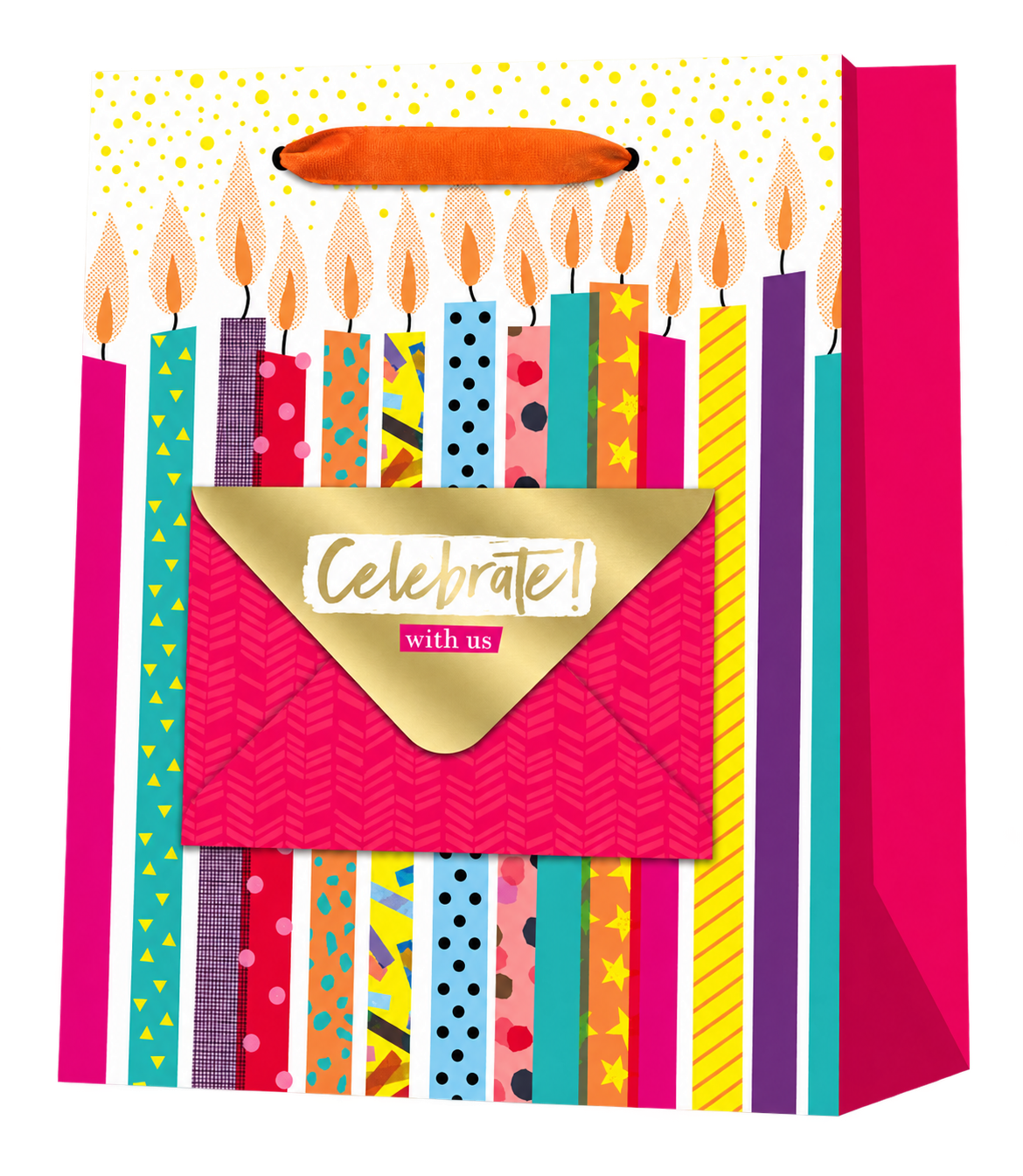 HT062-J birthday candle paper gift bag with orange ribbon handles, pink sides and a pink chevron envelope with gold Celebrate flap attached to the front