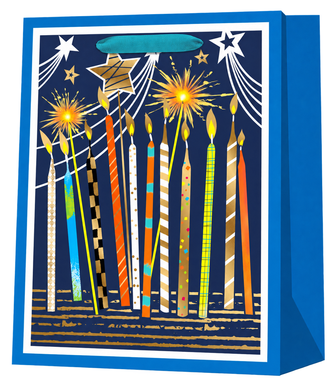 HX037-A-03 navy blue paper gift bag with colorful birthday candles, white shooting stars, gold-colored sparklers, blue sides and teal ribbon handles