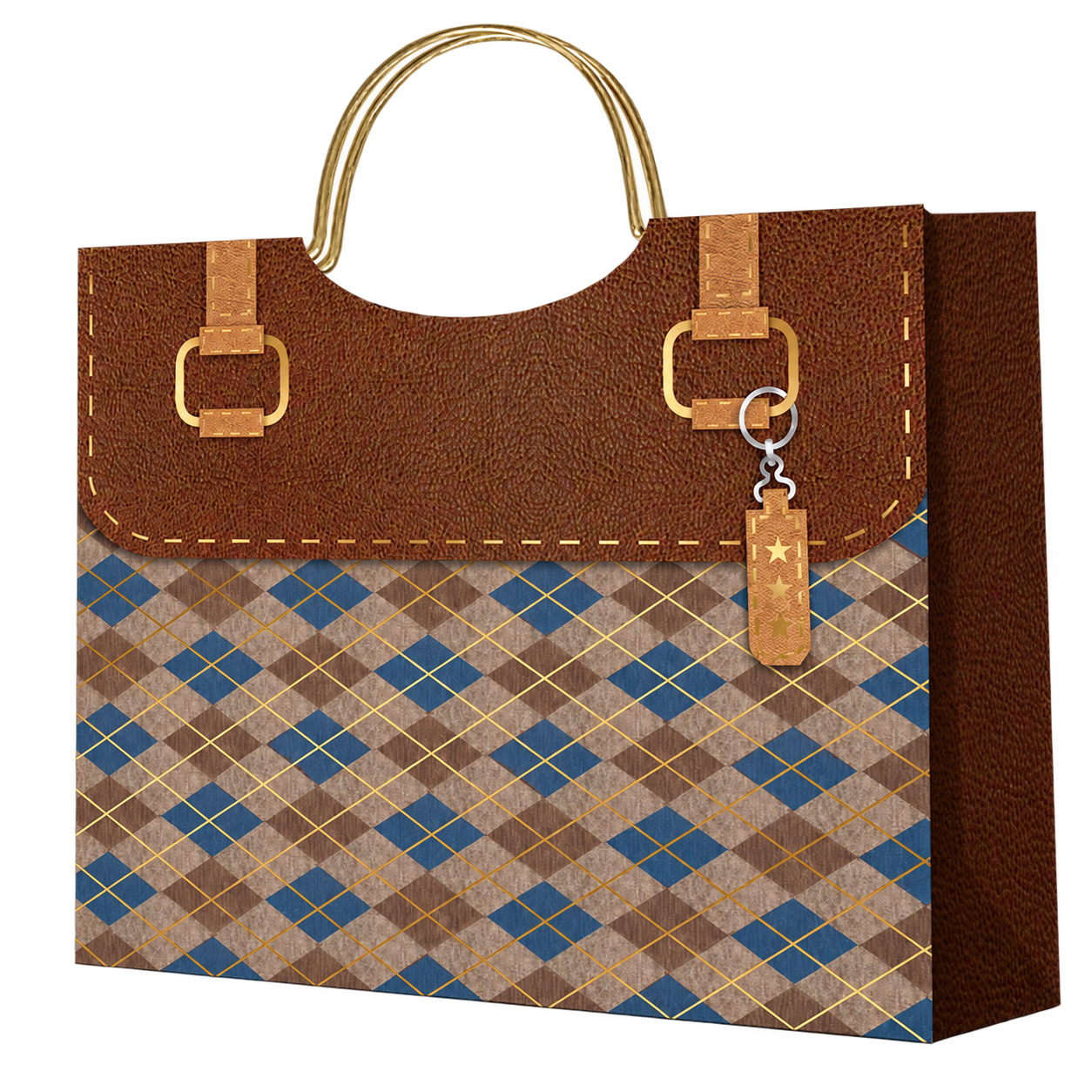 Bolsa de regalo de papel estilo bolso con rombos azules y asas metálicas