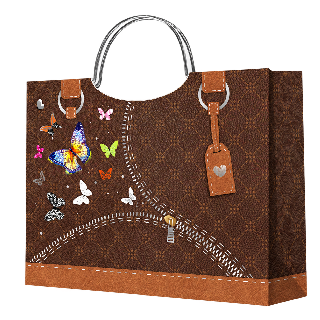 HX035-B-03 brown leather-look paper gift bag with colorful butterflies, printed zipper details and silver-tone metal handles
