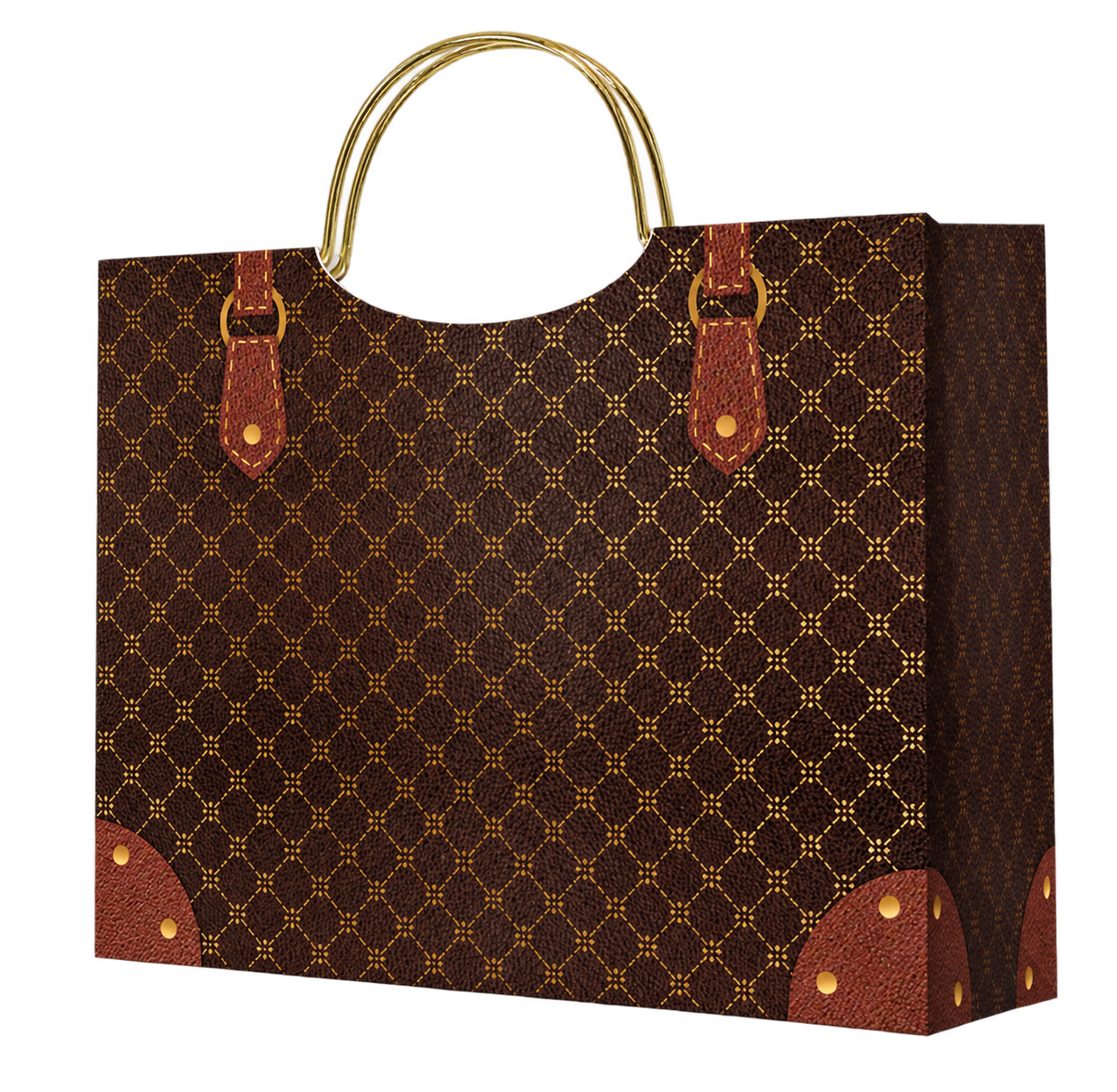 HX035-A-06 dark brown paper gift bag with gold lattice pattern, gold-tone metal handles and printed brown straps and corner patches