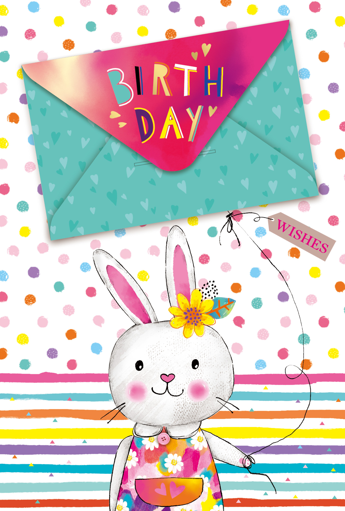 FL187-07 bunny birthday greeting card with colorful dots and stripes and a real turquoise heart-patterned envelope with a pink Birthday flap attached to the front