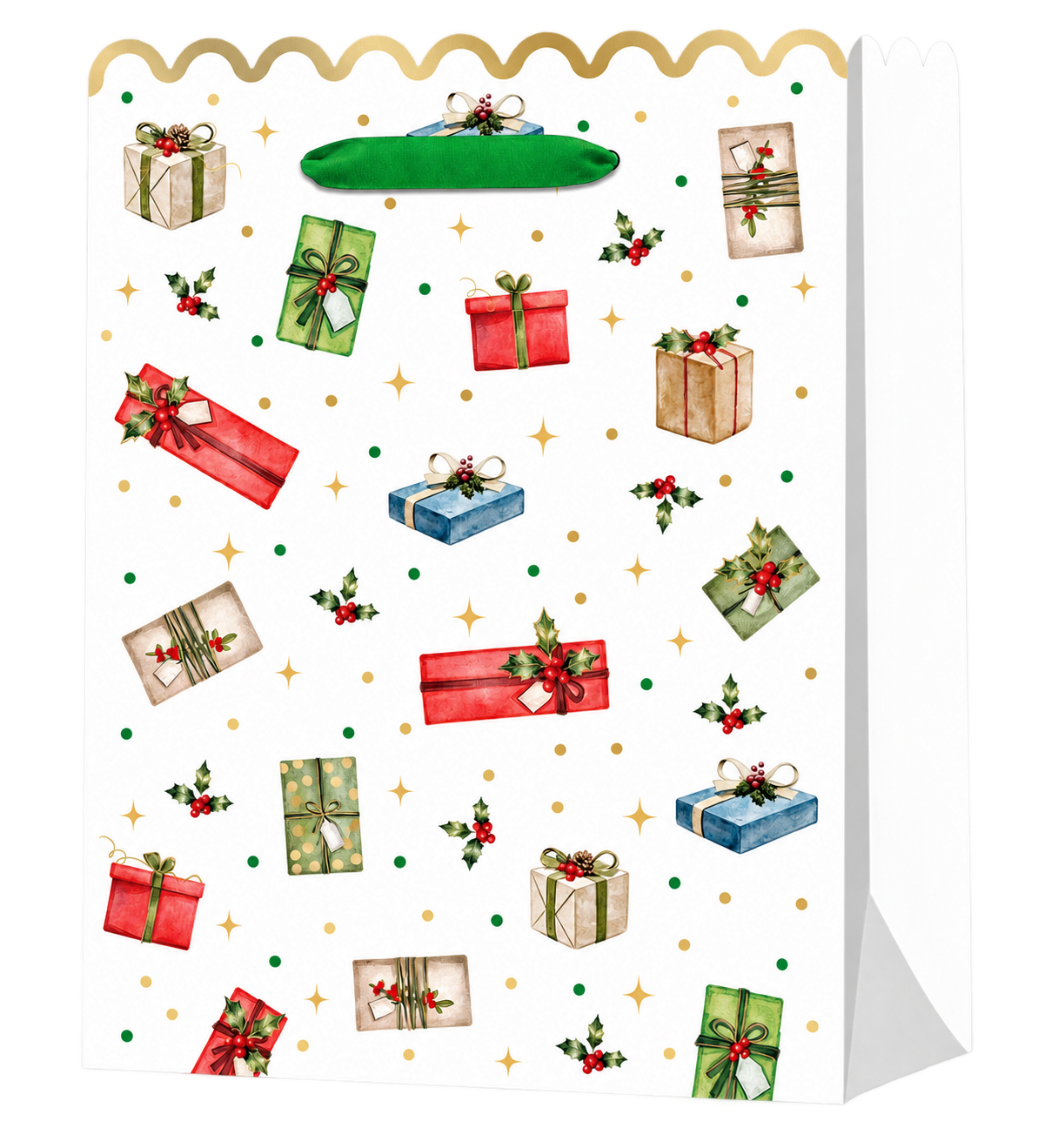 HX039-A-04 white Christmas gift bag with colorful wrapped presents, holly, gold-colored scalloped edge and green ribbon handles