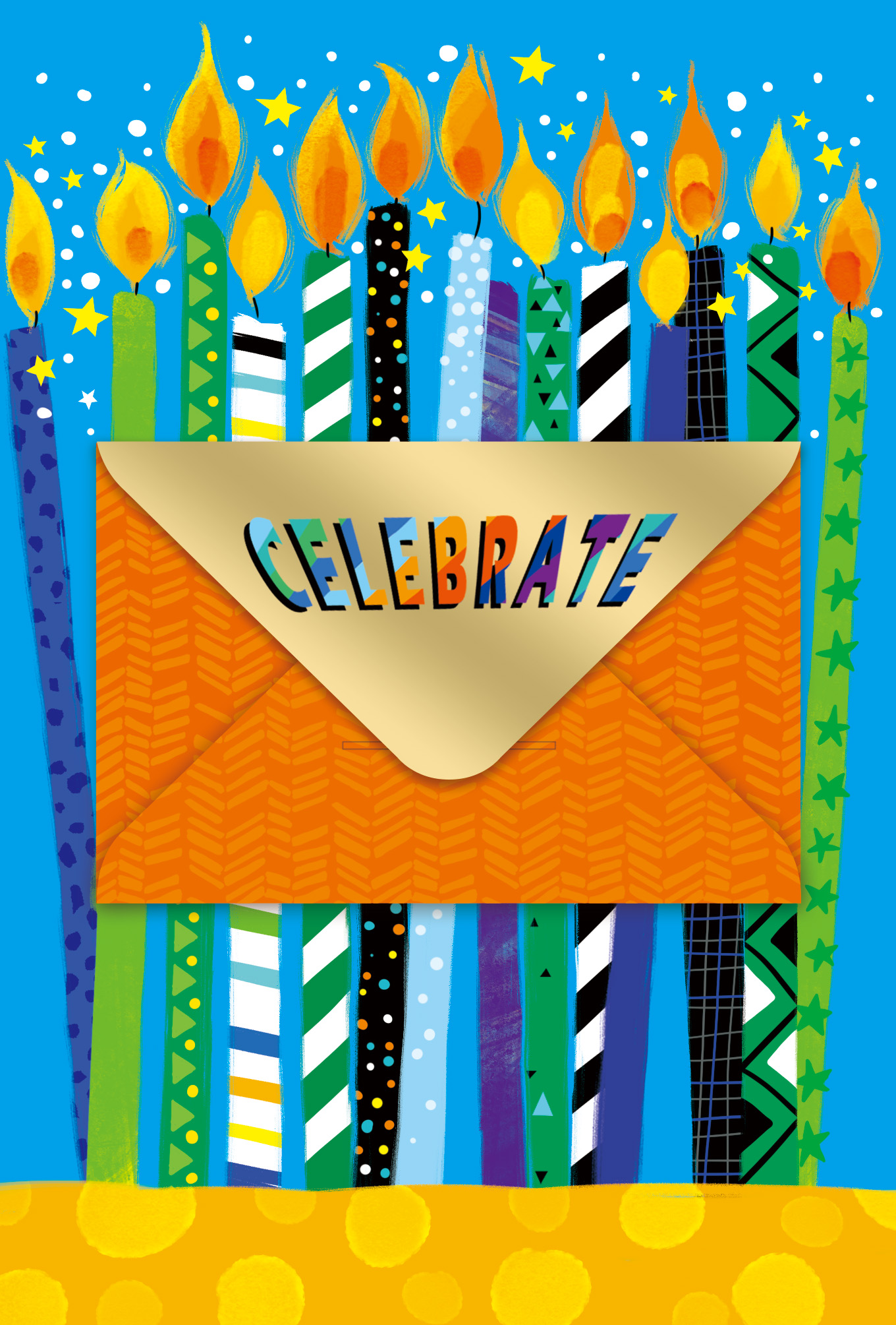 FL187-12 birthday greeting card with colorful patterned candles on blue, an attached orange chevron envelope and a gold-tone CELEBRATE flap