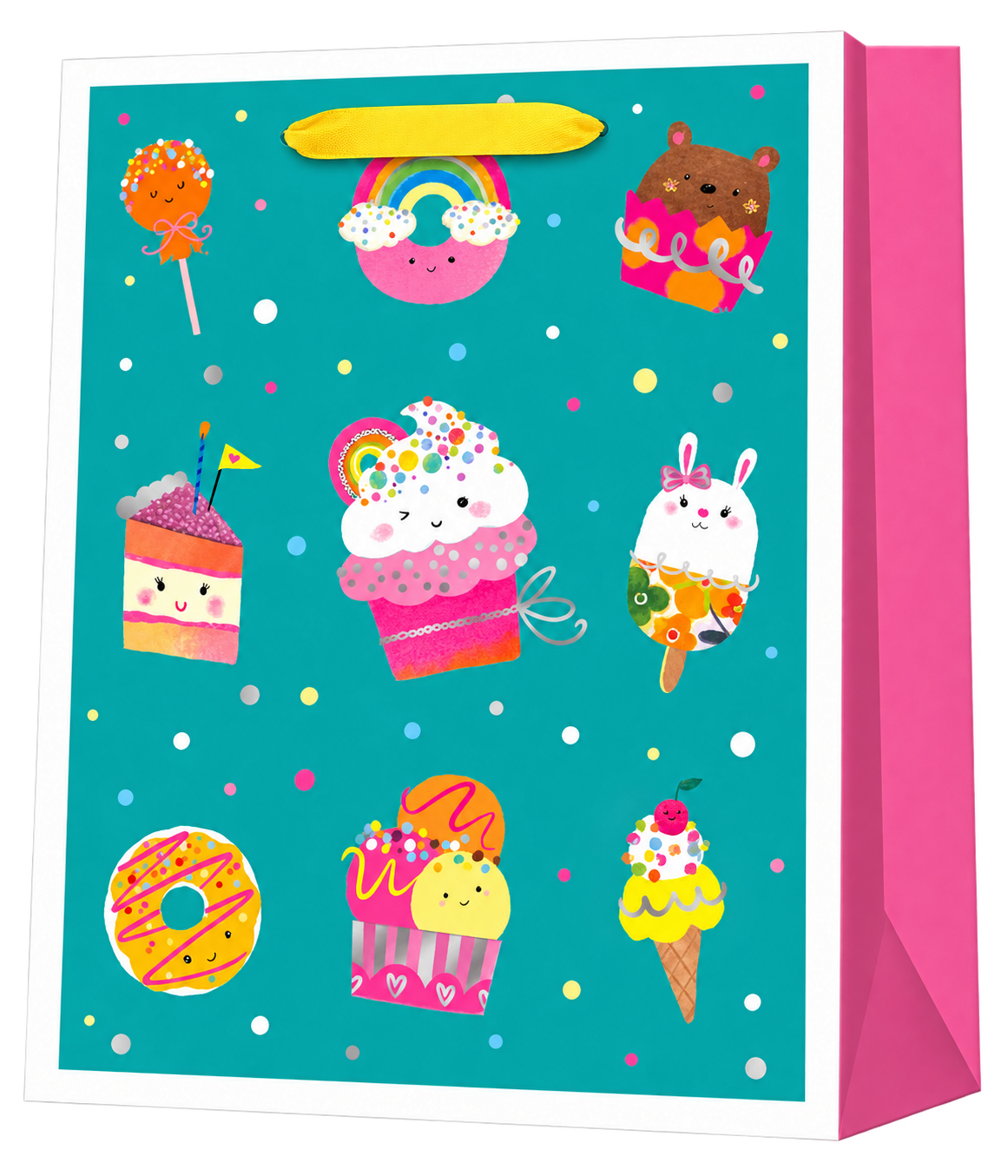 HX037-A-01 turquoise paper gift bag with cute cupcakes, donuts, ice cream and rainbow motifs, white border, yellow ribbon handles and pink sides