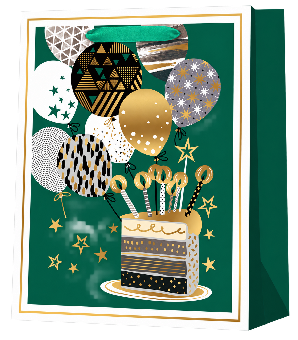 HX037-A-04 green paper gift bag with black, white and gold patterned balloons, a birthday cake with candles, white border and green ribbon handles