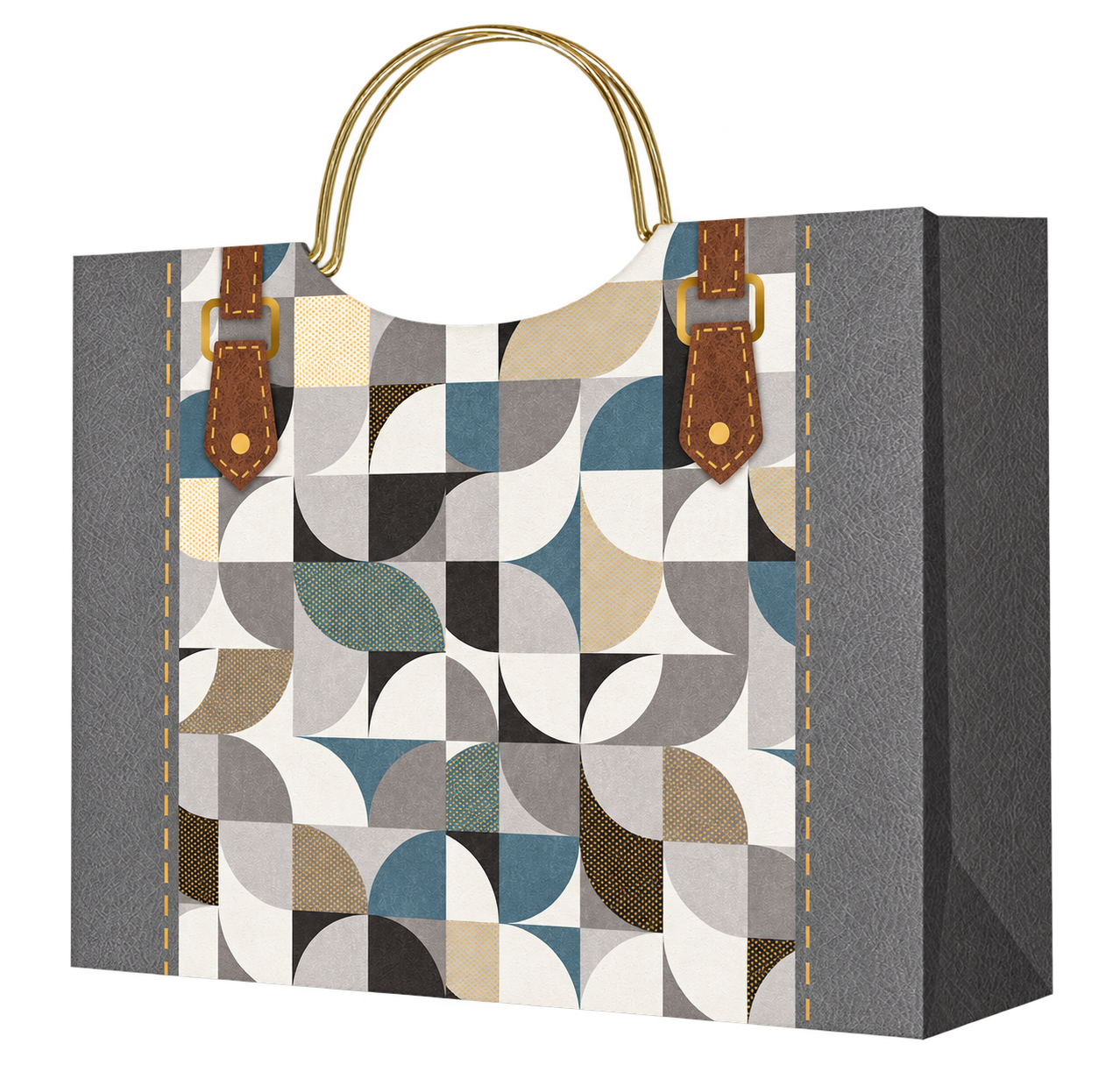 HX035-A-08 grey and blue geometric paper gift bag with gold-tone metal handles, brown printed buckle tabs and grey leather-look borders and side panels