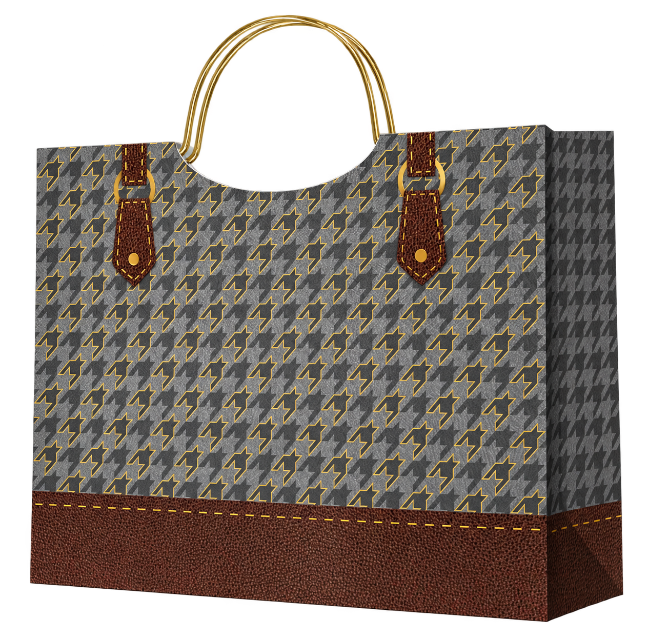 HX035-A-05 grey houndstooth paper gift bag with gold-tone metal handles, brown leather-look printed straps and stitched bottom band