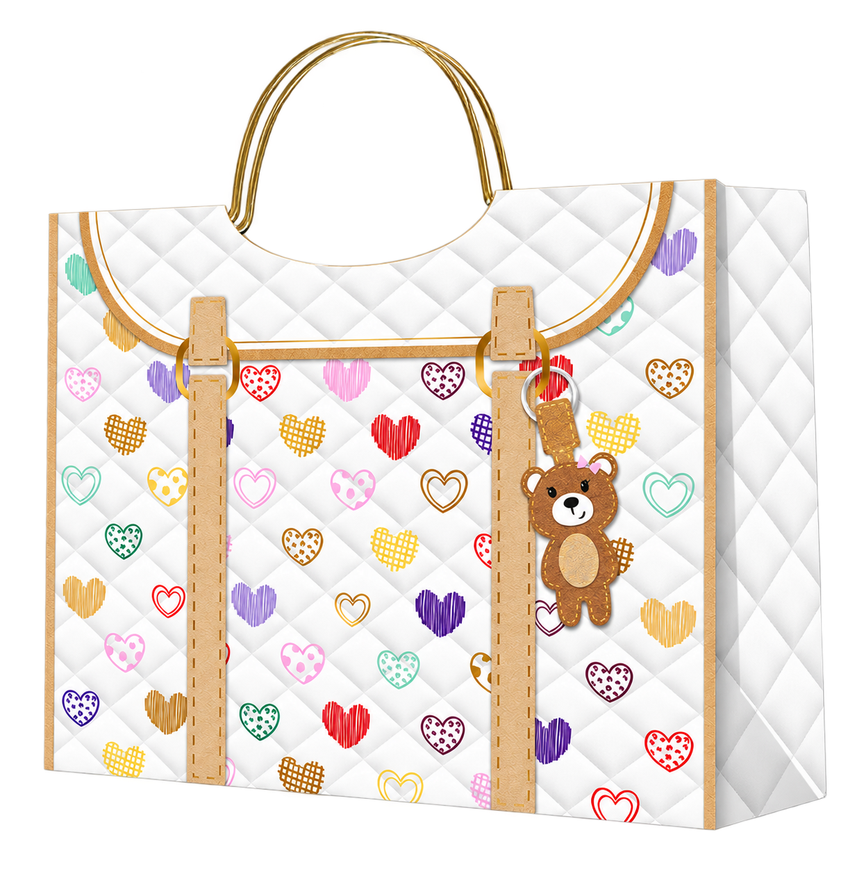 HX035-A-04 white heart print paper gift bag with a diamond quilt-effect pattern, gold-tone metal handles and a hanging teddy bear charm