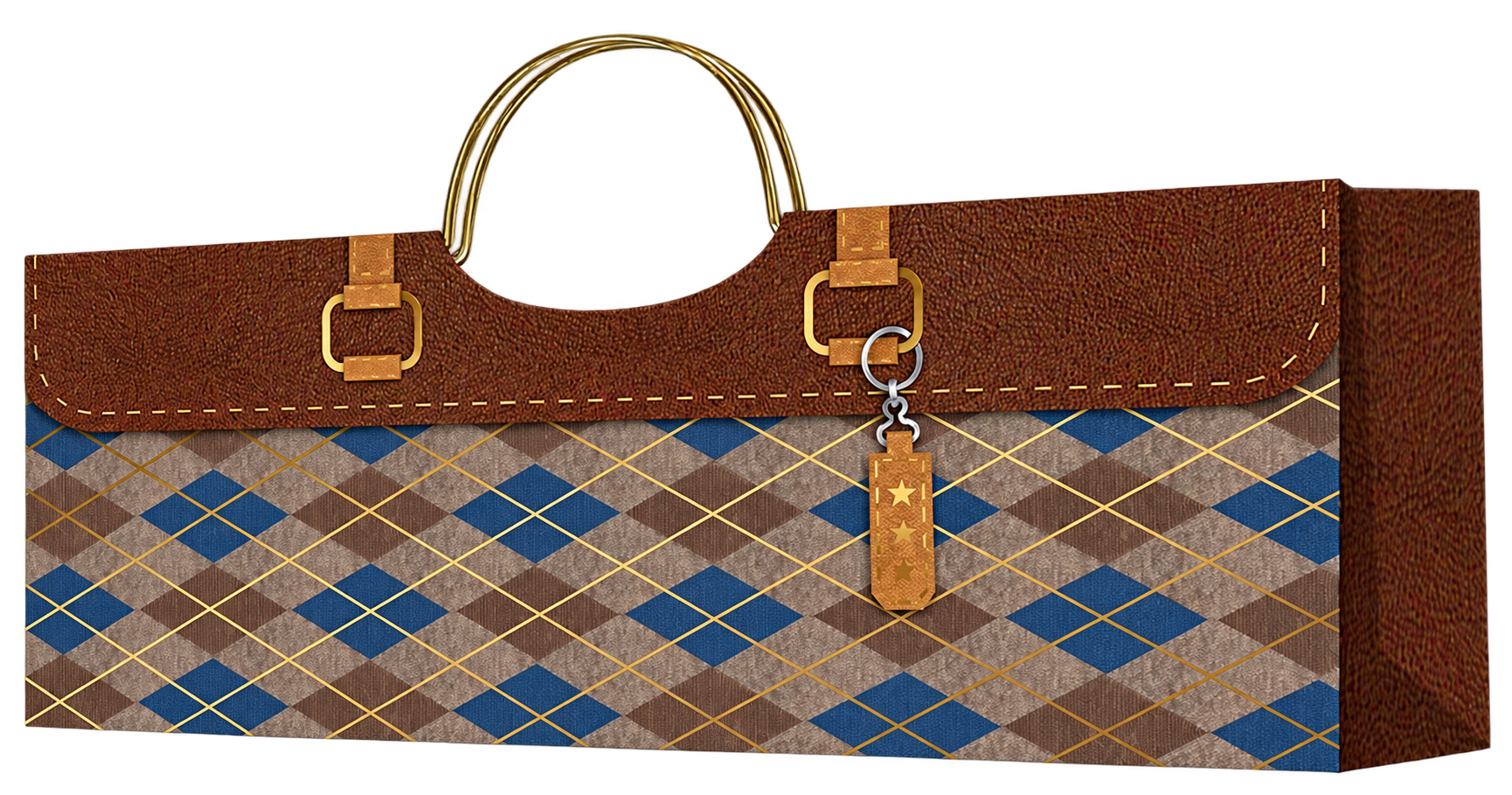 HX036-A-02 luxury horizontal wine paper bag with blue and brown argyle diamonds, brown printed flap and gold-tone metal handles