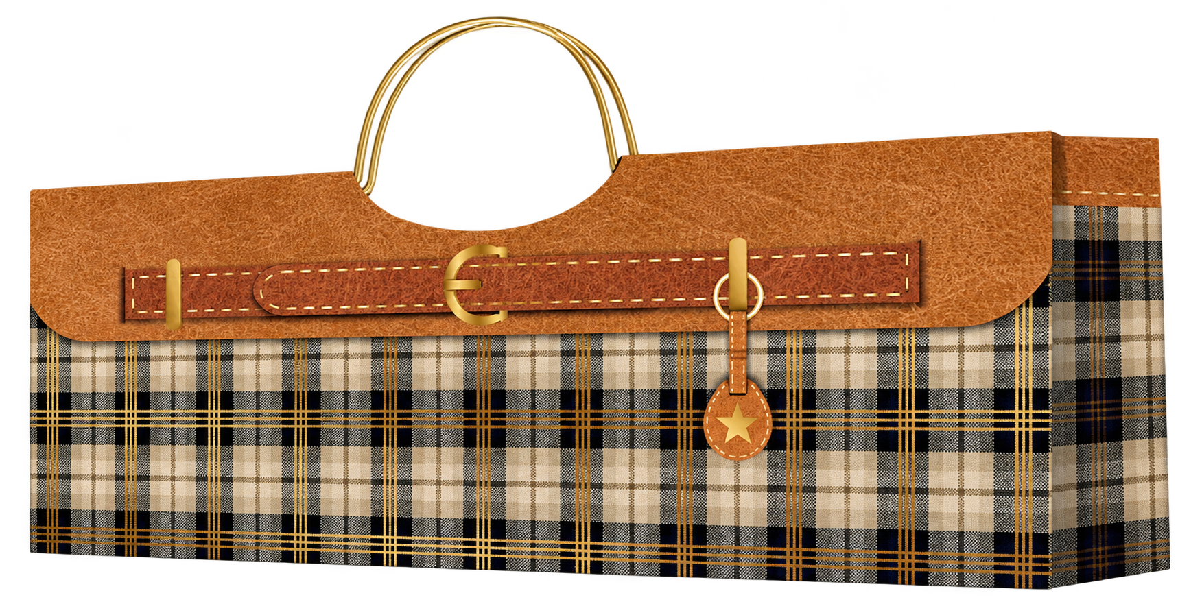 HX036-A-01 luxury horizontal plaid wine paper bag with brown leather-look flap artwork and gold-tone metal handles