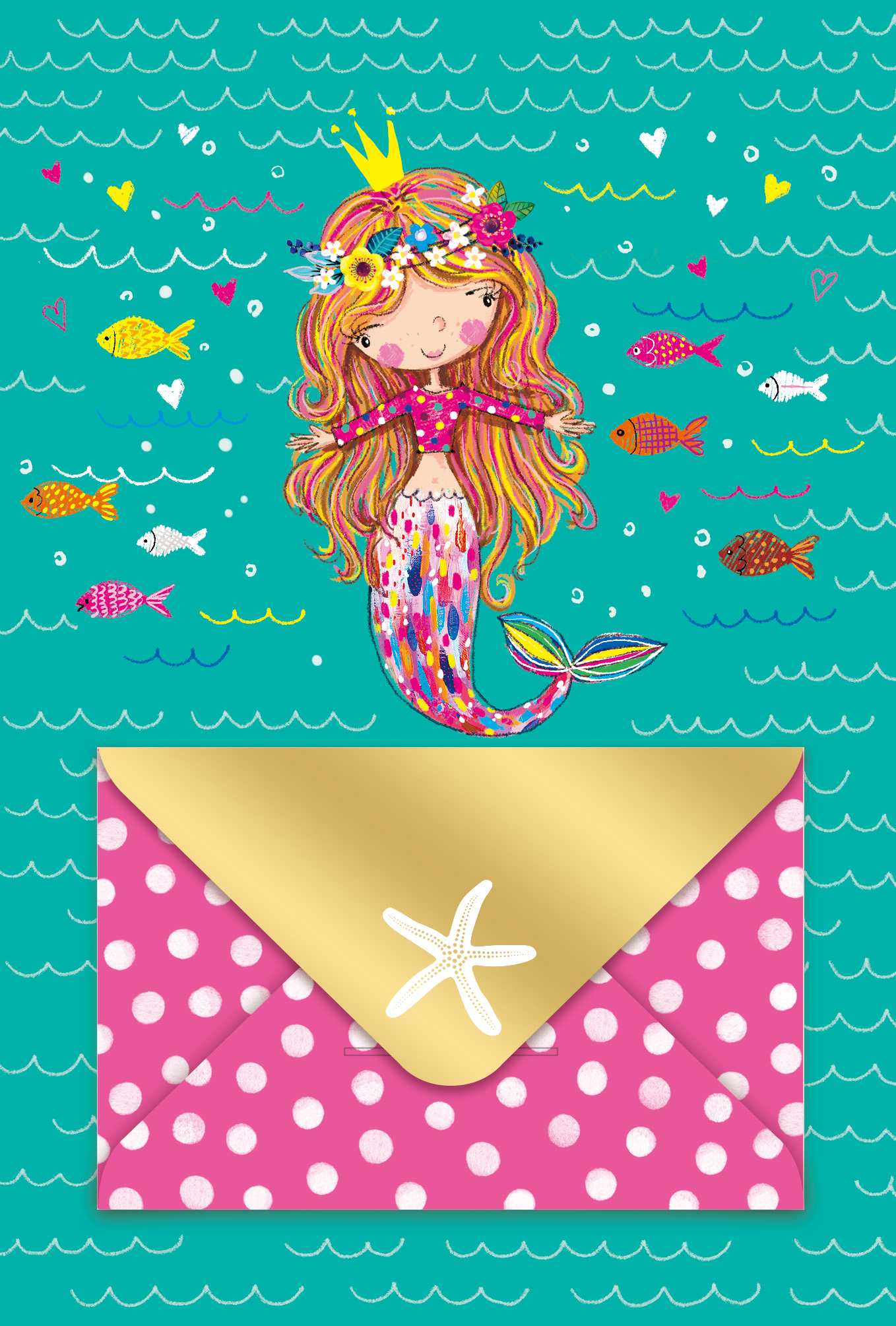 FL187-09 turquoise mermaid greeting card with colorful fish and a pink polka-dot envelope with gold-tone starfish flap glued to the front
