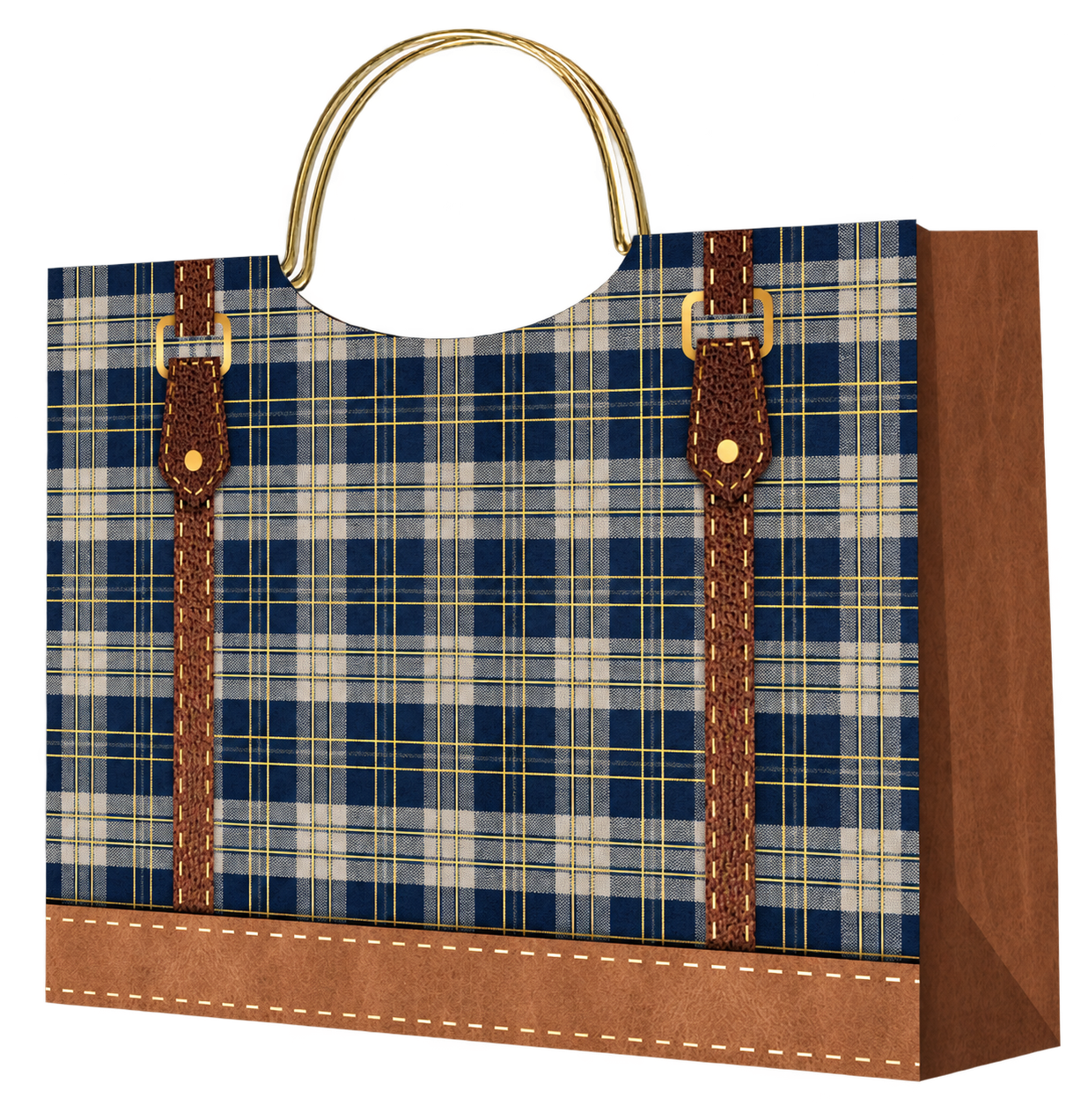 HX035-A-07 navy and cream plaid paper gift bag with gold-tone metal handles, brown leather-look printed straps, buckle details and stitched bottom band