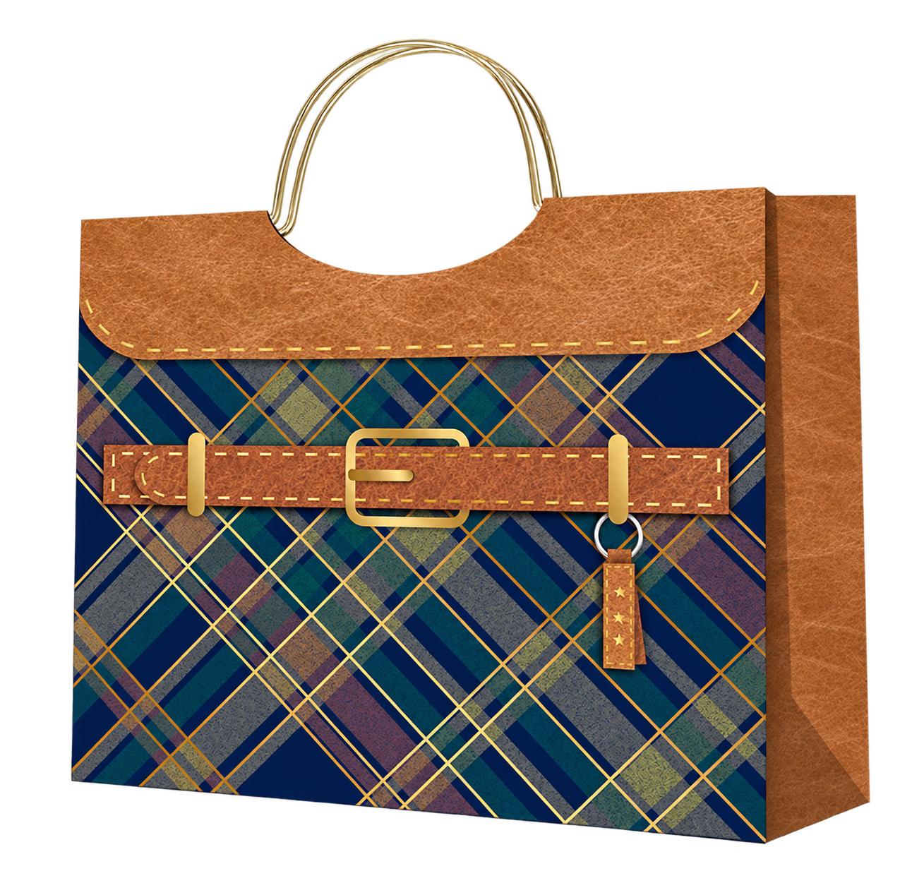 HX035-A-03 navy and teal plaid paper gift bag with gold-tone metal handles, a brown printed flap, belt buckle and hanging charm