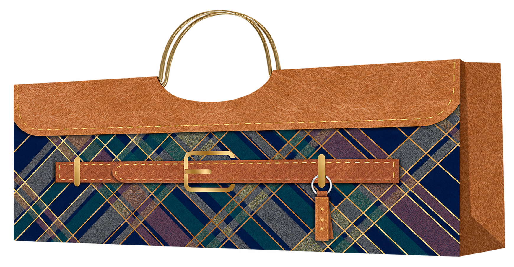 HX036-A-03 horizontal navy tartan wine gift bag with tan leather-look printed flap, belt artwork and gold-tone metal handles