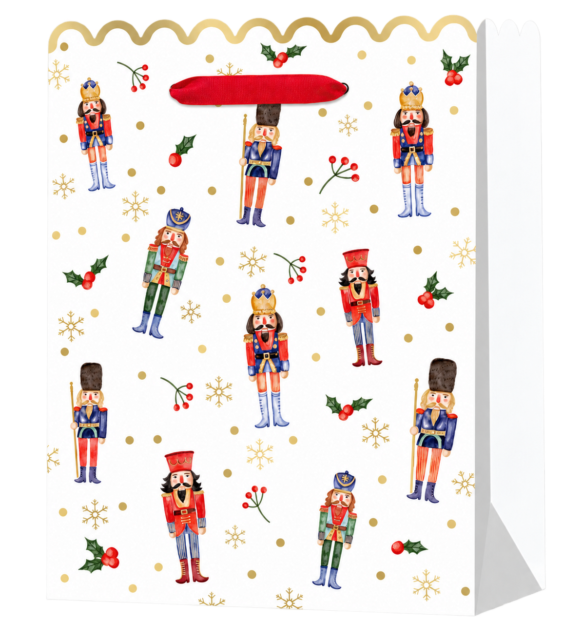 HX039-A-03 white nutcracker Christmas gift bag with gold-colored scalloped edge, holly, snowflakes and red ribbon handles