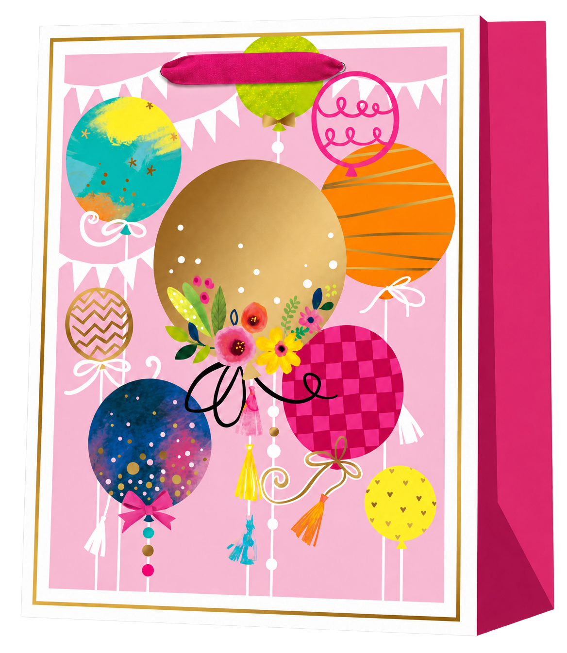 HX037-A-05 pink paper gift bag with colorful patterned balloons, flowers, tassels, magenta sides and satin ribbon handles