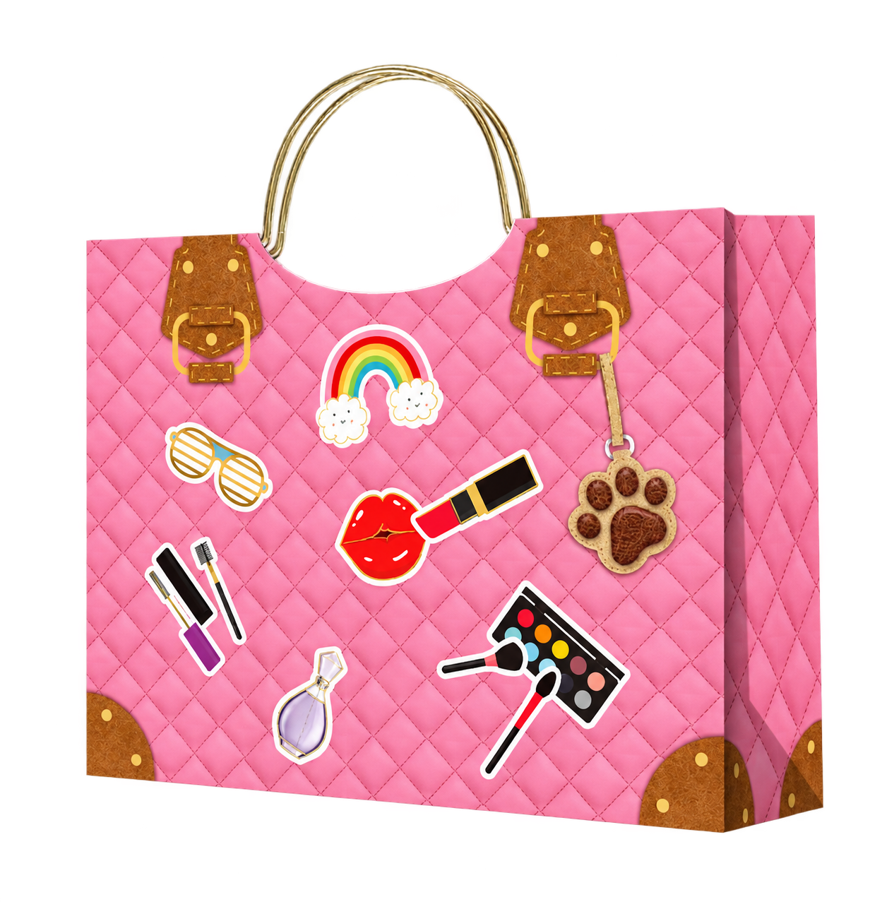 HX035-B pink quilt-effect paper gift bag with makeup and rainbow motifs, a paw-shaped detail and gold-tone metal handles