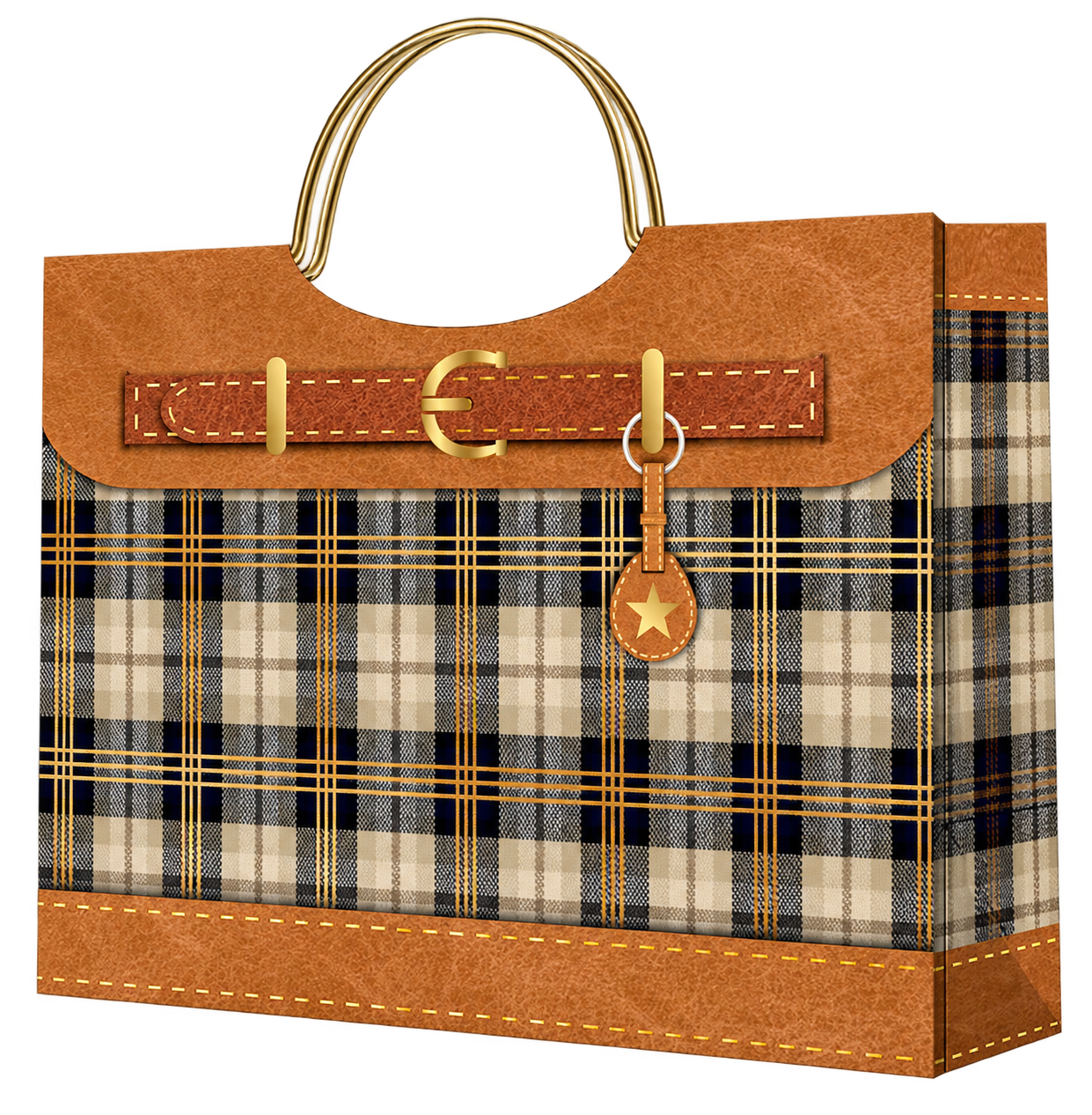 Bolsa de regalo de papel estilo bolso a cuadros con asas metálicas