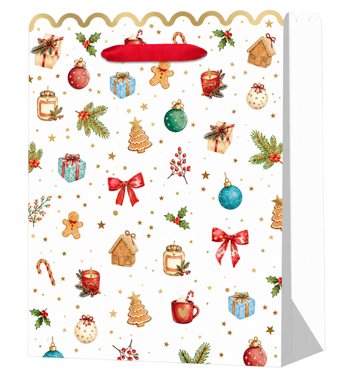 HX039-A-01 Christmas paper gift bag with gold-colored scalloped edge, red ribbon handles, gingerbread, ornaments, gifts and holly on white