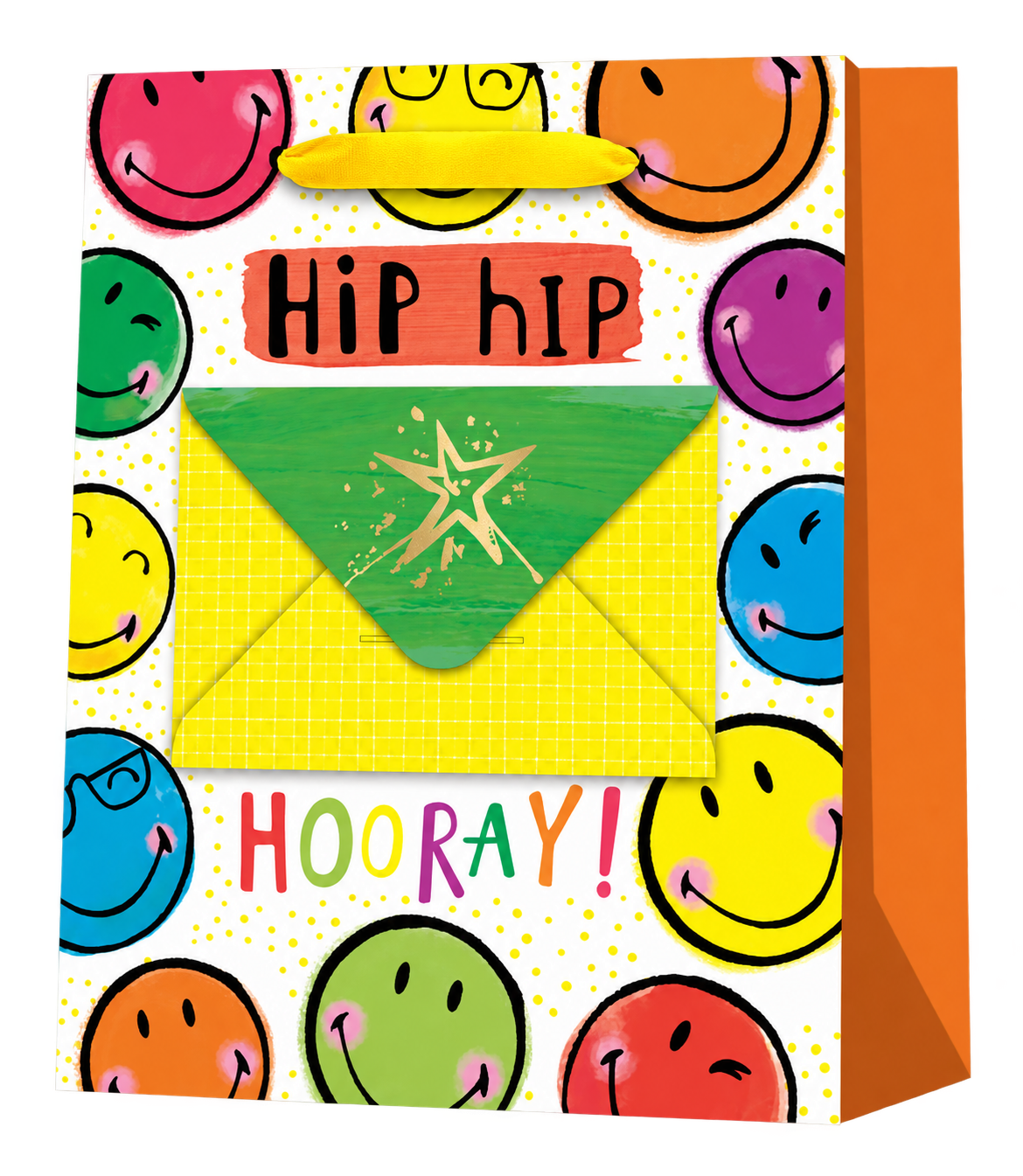 HT062-G white paper gift bag with colorful smiley faces, yellow ribbon handles, orange sides and an attached yellow envelope with a green gold foil-stamped star flap