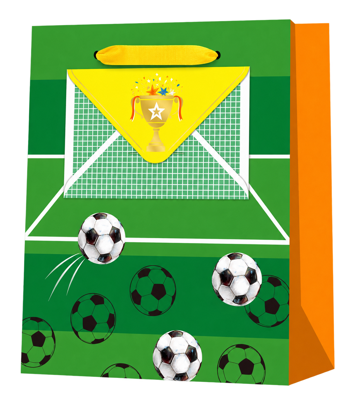 HT062-C green soccer paper gift bag with yellow ribbon handles, orange side panel and a real decorative envelope with a trophy flap attached to the front