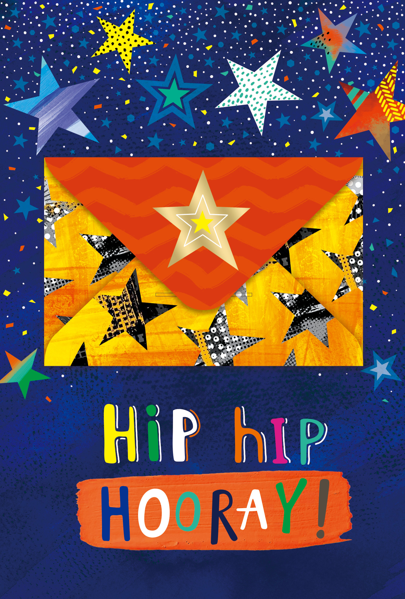 FL187-13 navy star print celebration greeting card with Hip Hip Hooray lettering and a real yellow star-patterned envelope with an orange flap and gold-tone star attached to the front