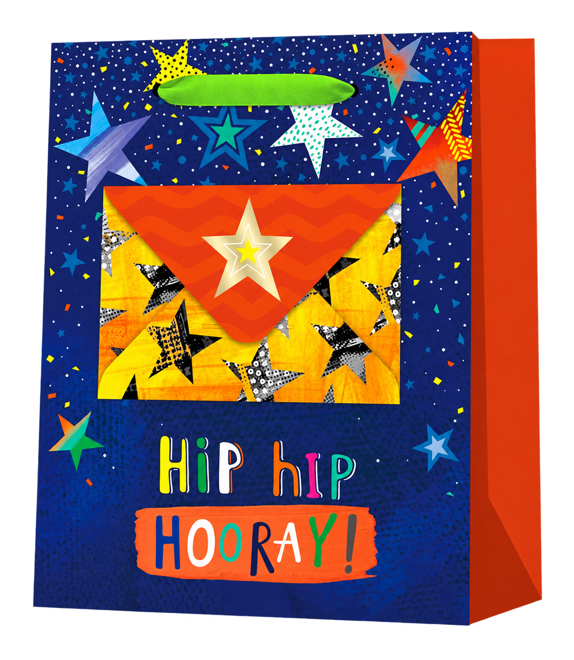 HT062-E navy star print paper gift bag with green ribbon handles, orange sides and a yellow decorative envelope with an orange star flap attached to the front