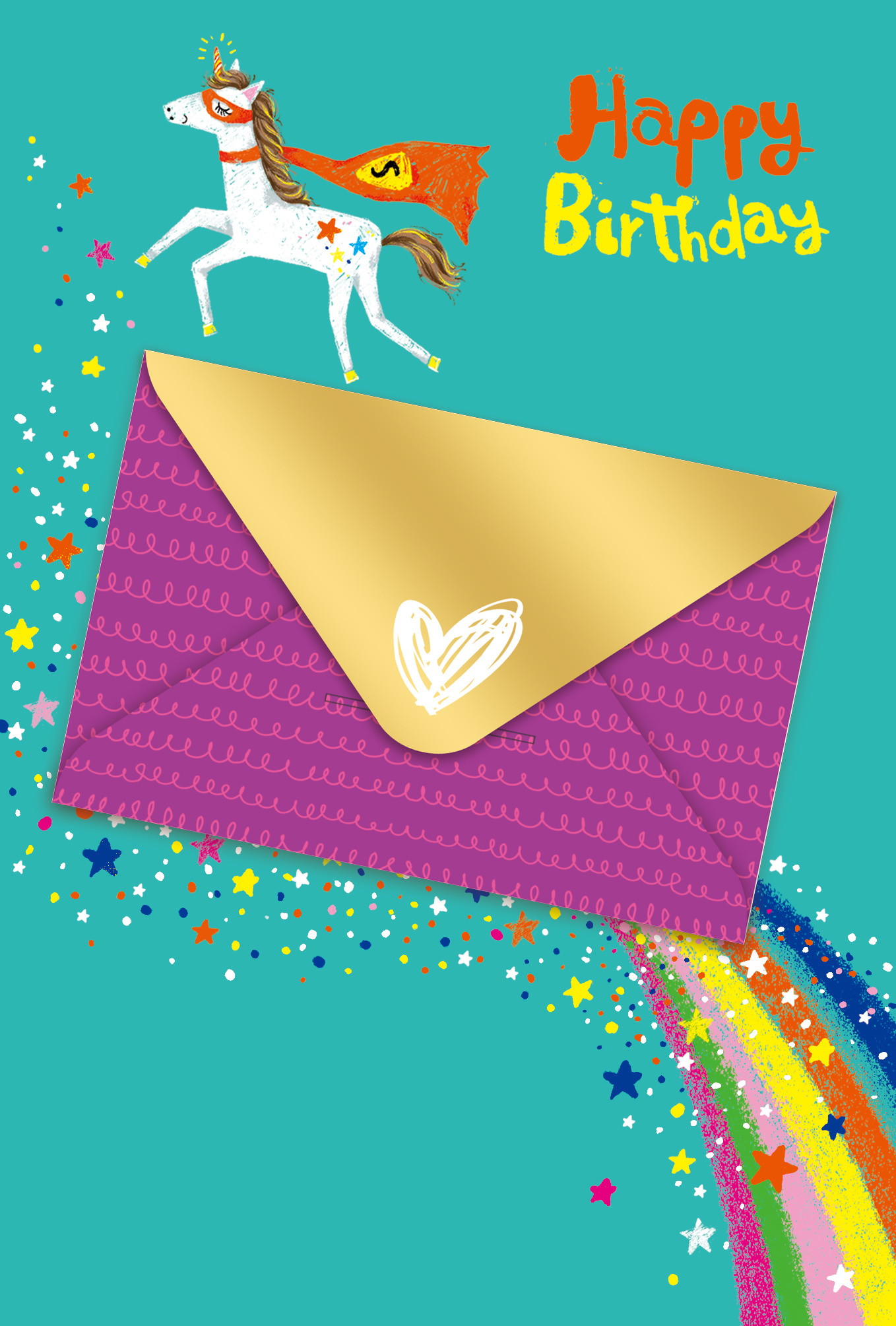 FL187-10 turquoise birthday greeting card with a superhero unicorn, rainbow stars and a real purple envelope with a gold-tone heart flap attached to the front