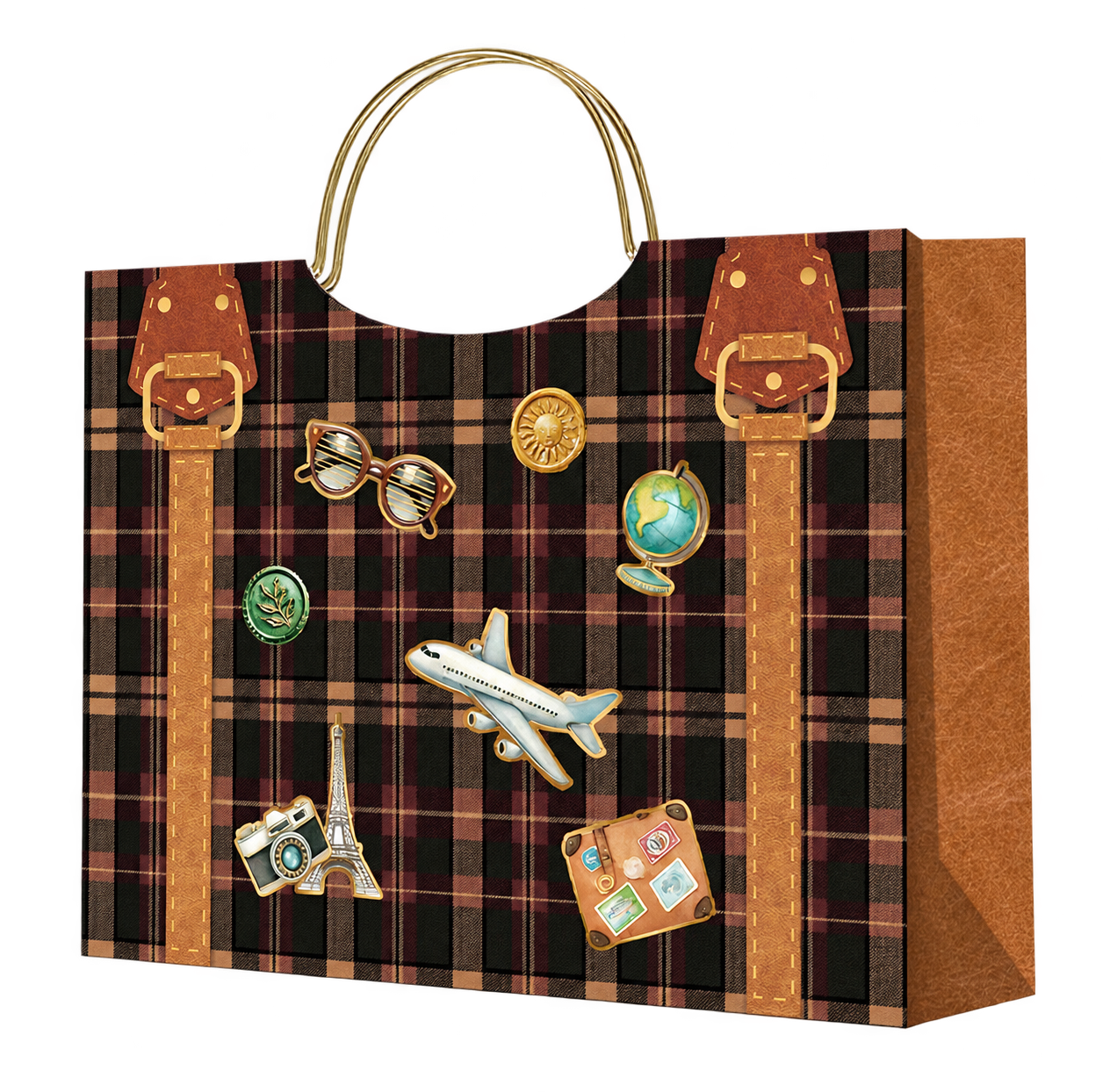 HX035-B-02 dark plaid paper gift bag with travel motifs, brown leather-look printed straps and gold-tone metal handles