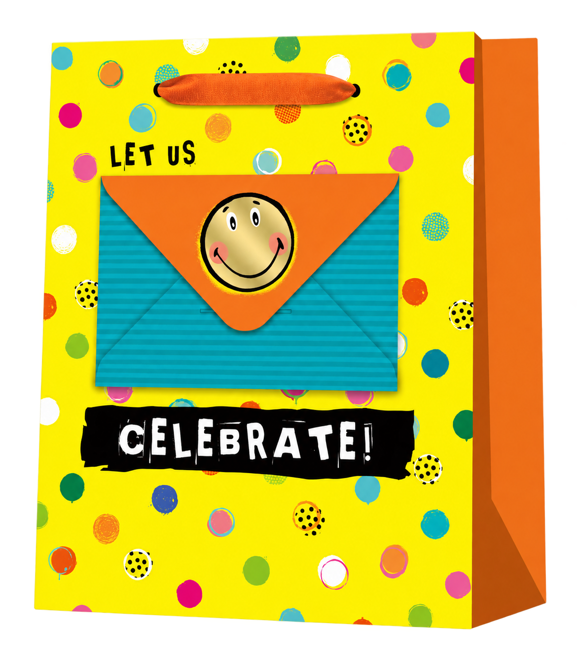 HT062-F yellow celebration paper gift bag with colorful dots, orange ribbon handles and a turquoise envelope with an orange smiley face flap attached to the front